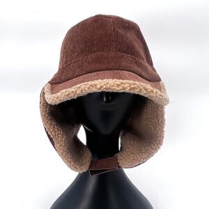 Brown Corduroy Trapper Aviator Chullo Ear Flap Hat Cap Faux Fur Lined Sherpa